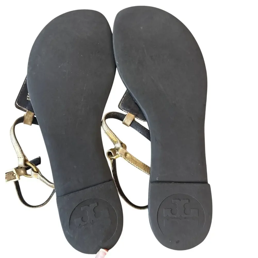 Tory Burch Jeweled Stone Thong Sandals Gold Brown T-Strap‎ 6.5